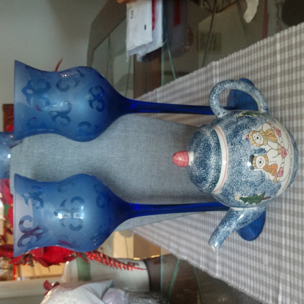 Blue Frosted Glass Candle Holders with Blue Snowman Teapot Accent